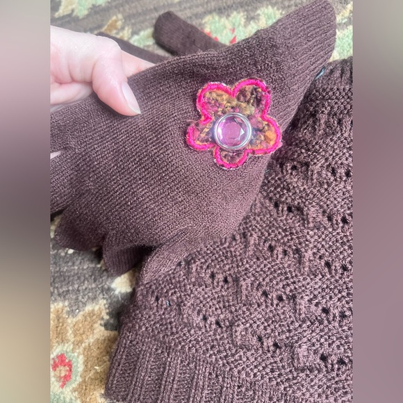 Vtg Y2K Brown Berry Nubby Hat & Glove set w/pink rhinestone flower by Amanda Blu - Picture 2 of 7